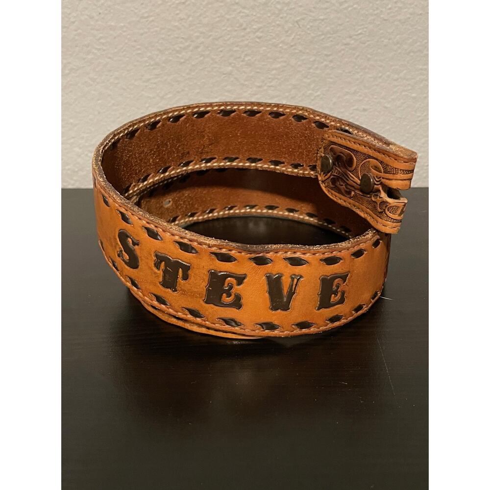 Vintage Western Belt Mens 34 Brown Leather Tooled Floral Name Steve No Buckle